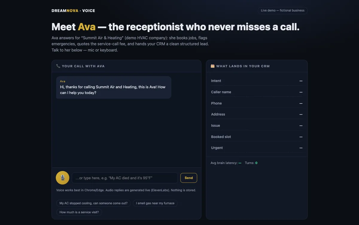 Interface du démonstrateur vocal Ava, avec conversation et fiche de demande.