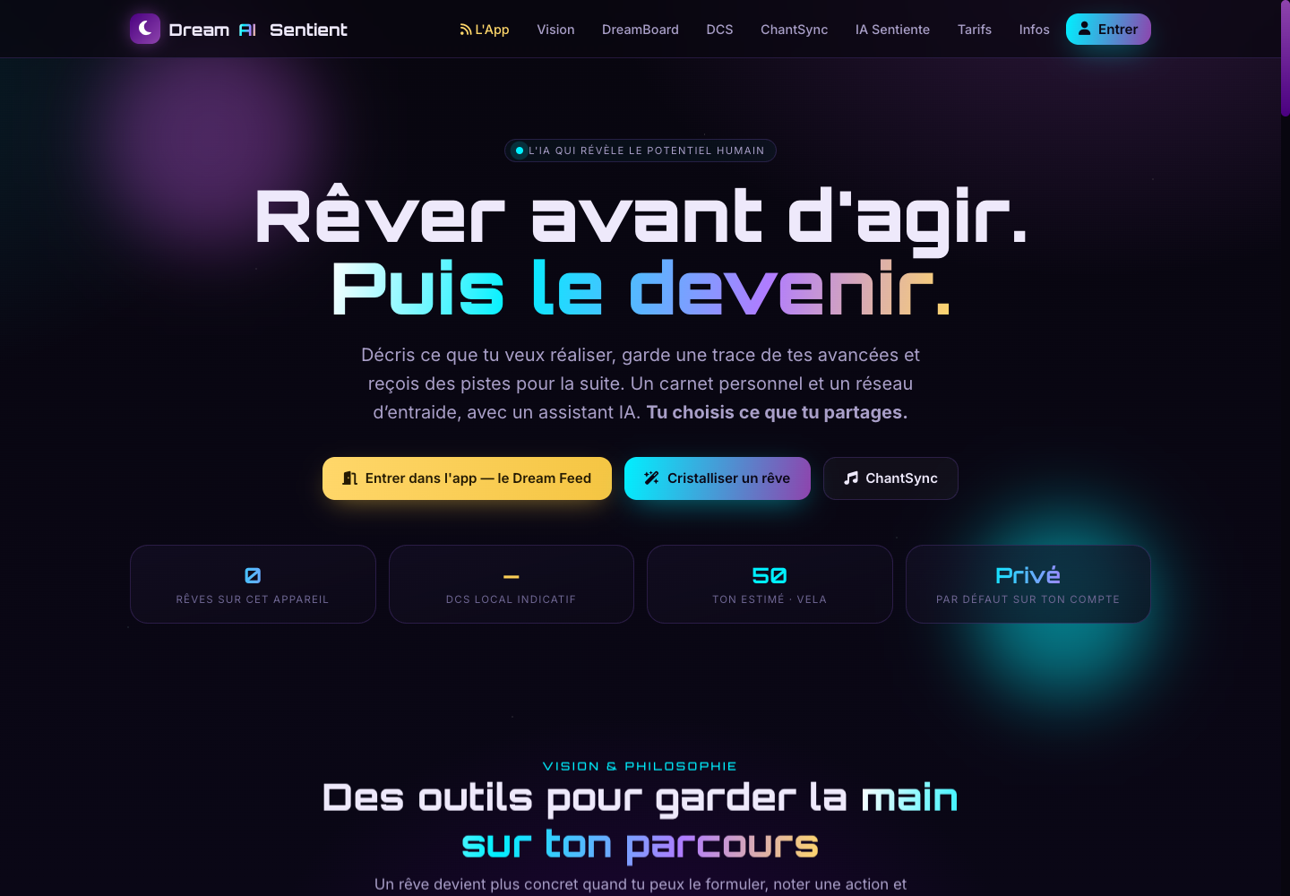 Page réelle de DreamAI présentant le carnet personnel, le réseau d’entraide et l’assistant IA.